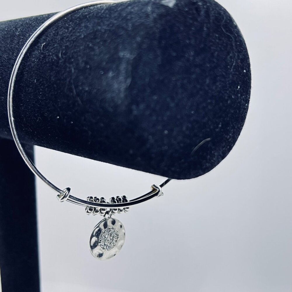 Silver Tone Bangle Bracelet With Round Rhinestone Charm (5800) - Picture 3 of 4